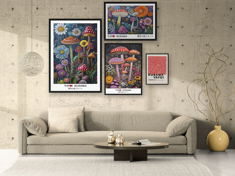 Four framed Yayoi Kusama prints with white borders above a beige sofa on a concrete wall