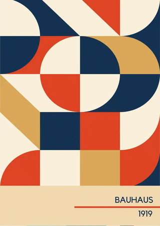 Geometric abstract poster in navy, red, and beige with "BAUHAUS 1919" text at the bottom.