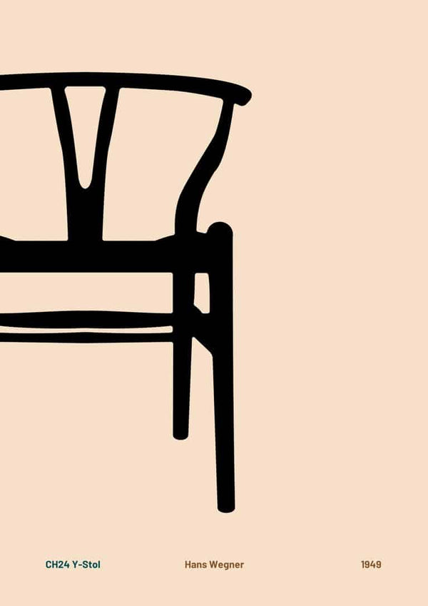 Minimalist poster featuring Hans Wegner's iconic Y-chair design in black on a light beige background.