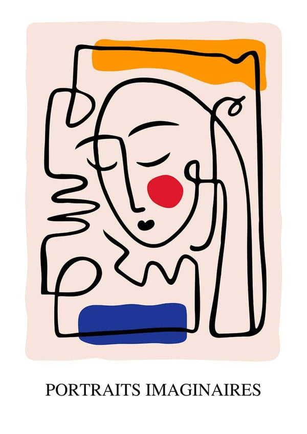 Abstract Picasso-inspired line drawing of a face with red cheek, orange and blue accents, "Portraits Imaginaires" text.