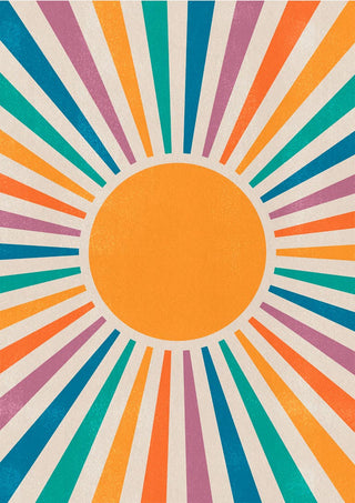 Colorful Sun Plakat featuring a vibrant orange sun with radiating multicolored rays on a textured background.