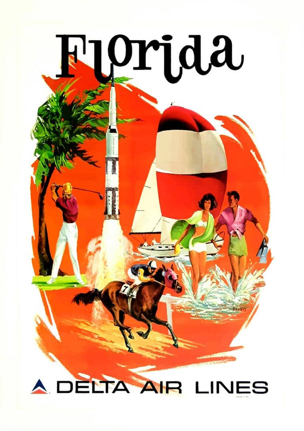 Vintage Florida poster with golf, rocket launch, beach scene, horse racing; Delta Air Lines logo at bottom.