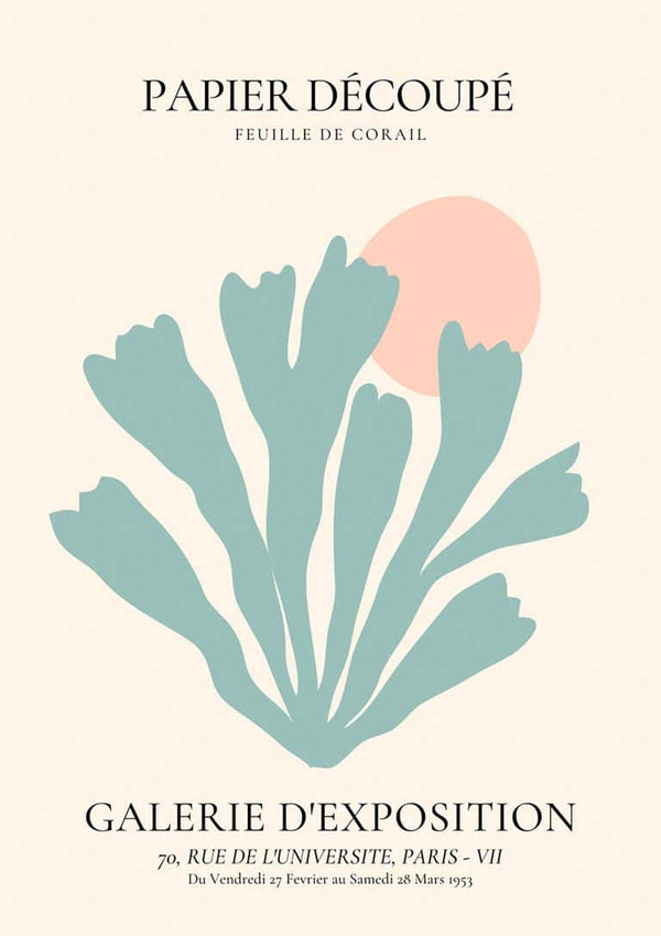 Pastel blue coral silhouette with a peach sun on a cream background, featured for the Coral Decoupe Plakat.
