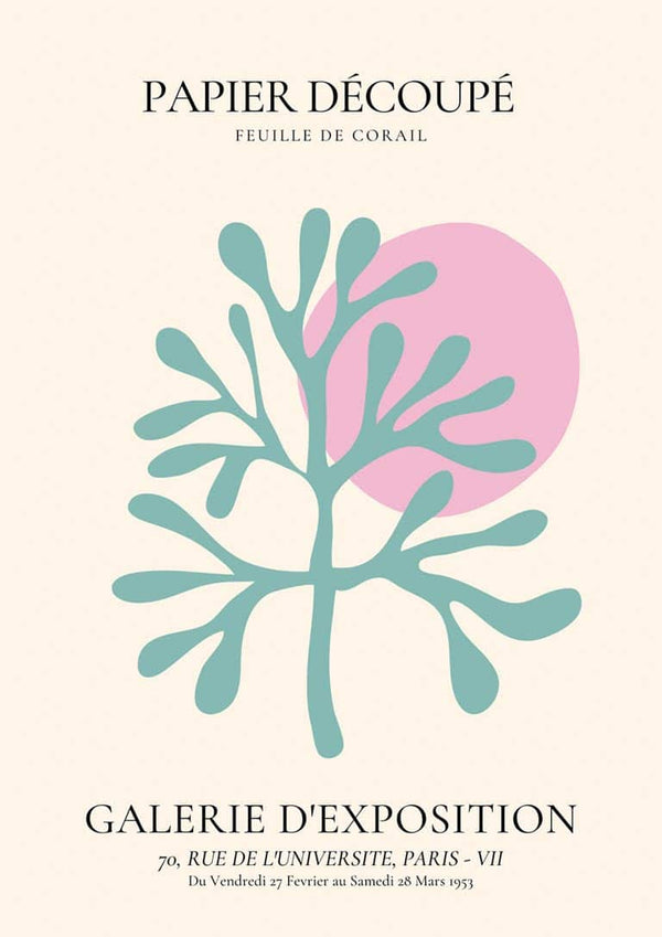 Abstract coral leaf design in teal with a pink circle, "Papier Découpé" art print for home decor.