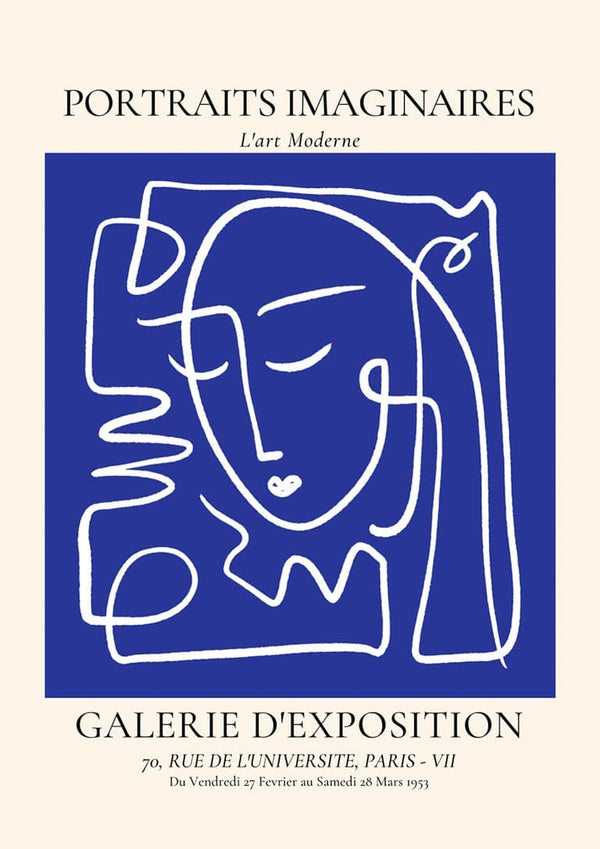 Abstract blue and white line art portrait with text "Portraits Imaginaires" featured on a gallery exhibition poster.