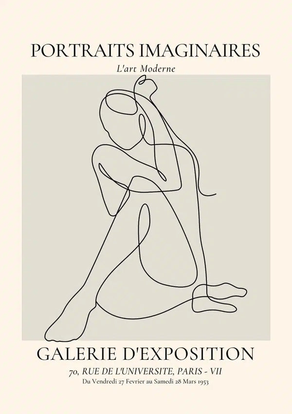 Minimalist line art of a seated woman on a beige background with "Portraits Imaginaires" text above.