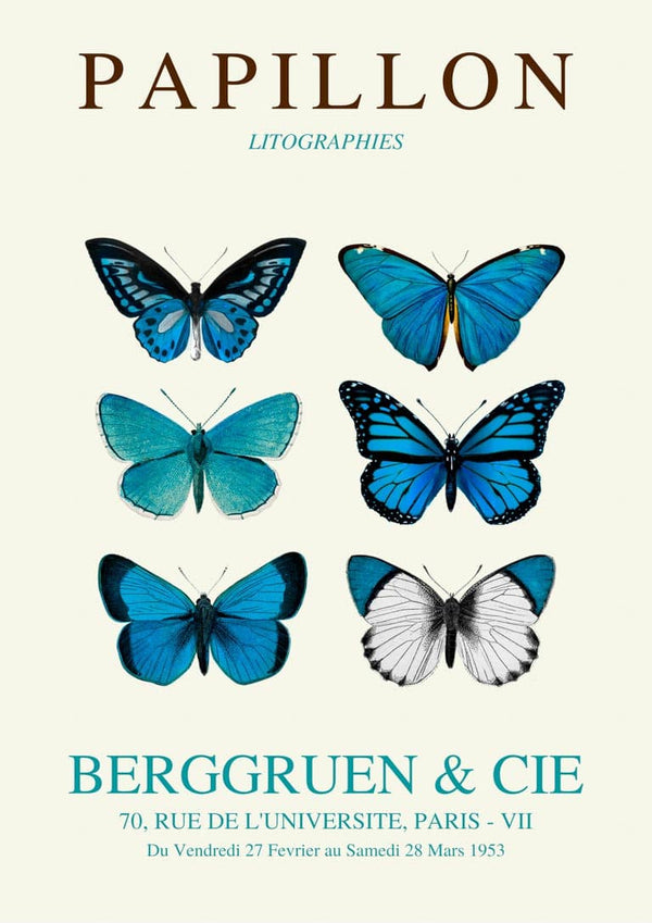 Six blue butterflies with varying wing patterns, featured as artwork on the Blue Papillon Plakat product page.