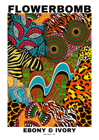 Colorful abstract print with vibrant animal and geometric patterns, titled Flowerbomb Ebony & Ivory Plakat.