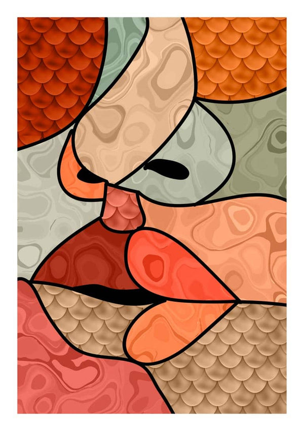 Abstract illustration of two faces kissing, featuring bold lines and textured, colorful shapes.