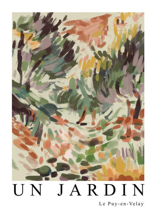 Abstract garden scene with colorful brushstrokes, inspired by Matisse; "Un Jardin" text below.