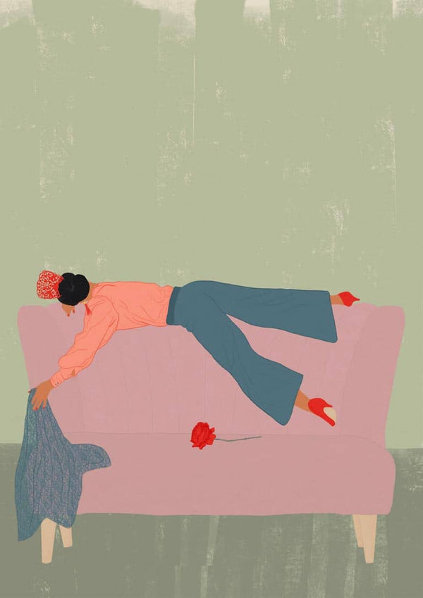 Illustration of a woman in colorful clothes lying face down on a pink couch, rose and blanket nearby, RocAso - Jotadejai.