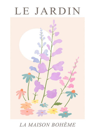 Abstract floral illustration with pastel flowers and greenery, sun in background. Text reads "Le Jardin" and "La Maison Bohème".