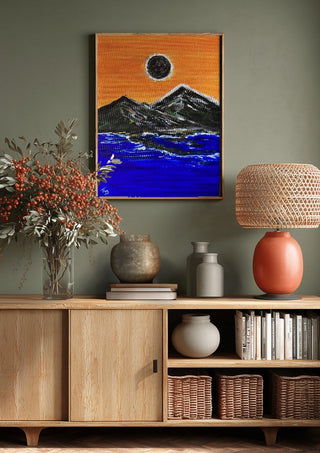 Overshadow by Fábio Diniz Art above a wooden sideboard on a sage green wall