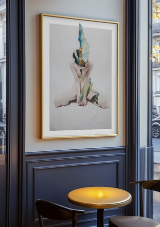 Letargo I by Rocio Montoya in an oak frame on a panelled café wall