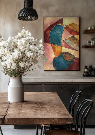When Doves Cry by Art Guveau in a black frame above a rustic table with white flowers