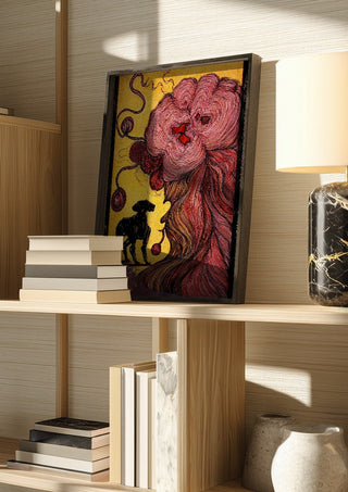 End Of Illusion by Tt2art in a dark frame on a wooden shelf beside books and a lamp