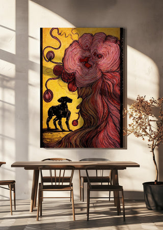 End Of Illusion by Tt2art hanging above a wooden dining table in warm sunlight