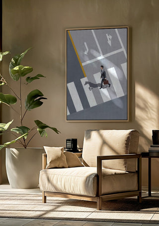 Dark horse by Jaron Su framed above a beige armchair beside a potted plant