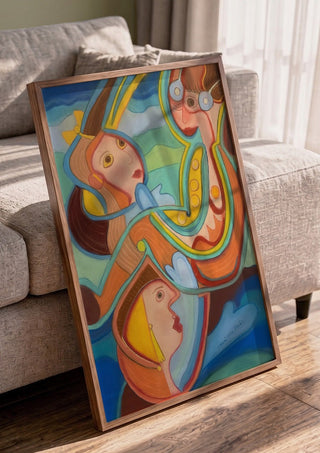 Three pilots by Gerard Ceulemans in a walnut frame leaning against a grey sofa