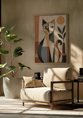 Bohemian Geometric Cat – Terracotta, Botanical & Earthy Forms by TimlessArtworks framed above a beige armchair beside a potted plant