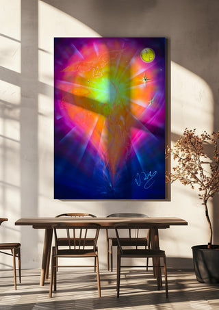 Zodiac Sign Sagittarius by Walter Zettl hanging above a wooden dining table in warm sunlight