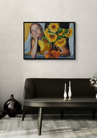 Summer Daydream by Nella Hajdu in a black frame above a dark sofa with candlesticks and a vase