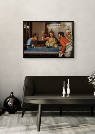 Casino Gang by Dikhotomy in a black frame above a dark sofa with candlesticks and a vase