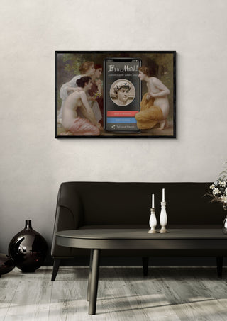 David Match by Dikhotomy in a black frame above a dark sofa with candlesticks and a vase