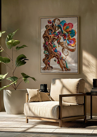 The Garden That Remembered by Haris Delic framed above a beige armchair beside a potted plant
