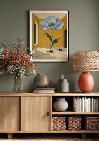 The Room That Bloomed by Matthews Gallerie above a wooden sideboard on a sage green wall