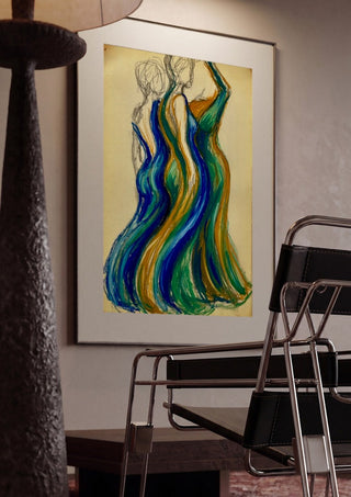 Two Gowns by Da Winters framed in a dim room beside a tubular steel chair