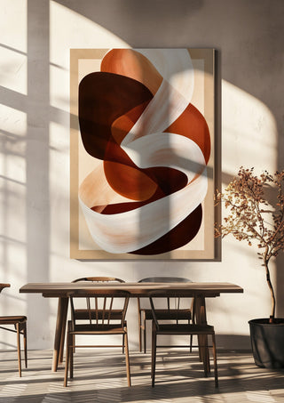 Ribbon in Rust by Martina Karlsson hanging above a wooden dining table in warm sunlight