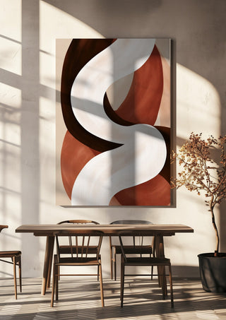 Curve in Cream by Martina Karlsson hanging above a wooden dining table in warm sunlight