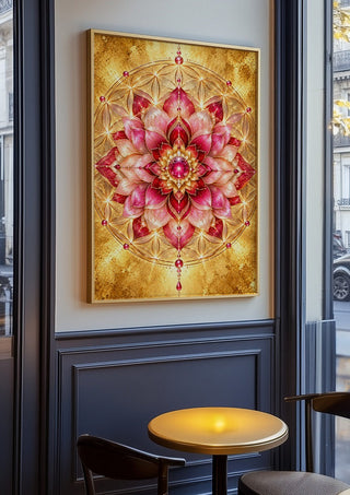 Flower of life by RA in an oak frame on a panelled cafe wall