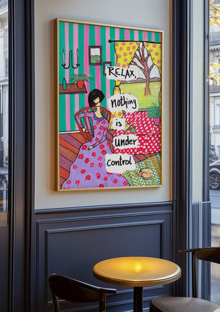 Nothing Is Under Control by Camilla Nilsson in an oak frame on a panelled cafe wall