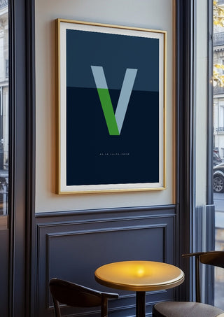 V as in Va-va-voom – Blue by Quite Nice Prints in an oak frame on a panelled cafe wall