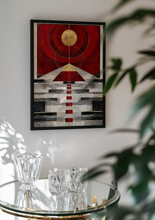Pyramid by RA in a black frame above a glass table with crystal glassware