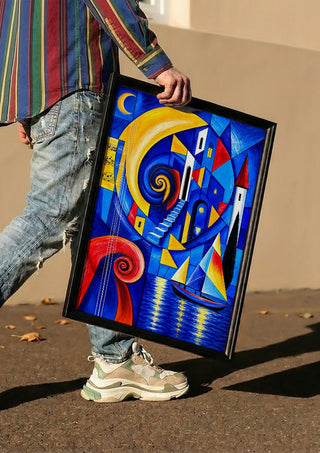 Echo of Times by Andreas Gerlach carried in a black frame along a sunny street