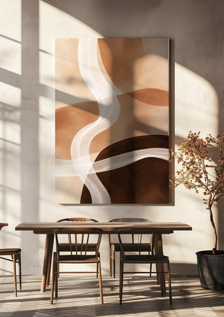 Sand and Clay by Martina Karlsson hanging above a wooden dining table in warm sunlight