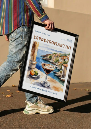 Dolce Freschezza - Espresso Martini by Ohkimiko carried in a black frame along a sunny street
