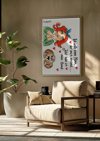 Ich wollte einen Mann by Trude framed above a beige armchair beside a potted plant