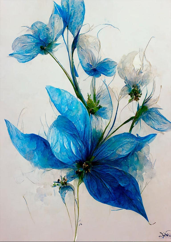 Art print of delicate blue flowers on a white background, Blå Blomst 1 by Winnie Møller.