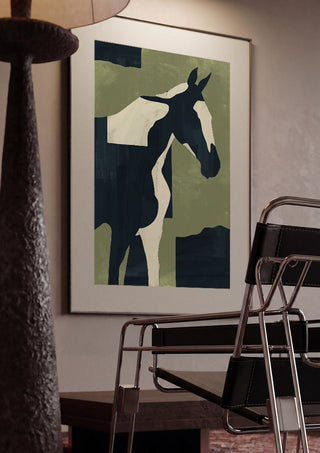 Abstract Minimal Horse 4 by ThingDesign framed in a dim room beside a tubular steel chair