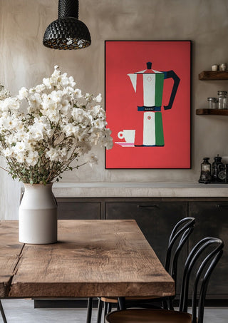 Italian coffee by Bo Lundberg in a black frame above a rustic table with white flowers