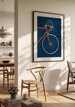 Swedish Racing Bike - Detail by Bo Lundberg in a black frame in a bright dining room with wooden chairs