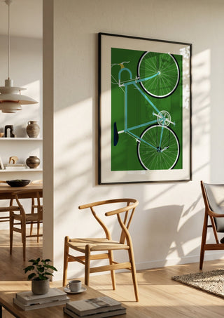 Italian Racing Bike by Bo Lundberg in a black frame in a bright dining room with wooden chairs