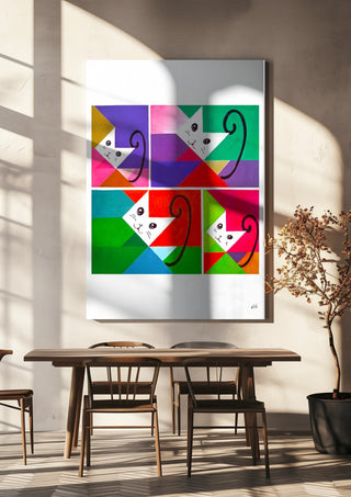 JUST FOUR CATS by NKo hanging above a wooden dining table in warm sunlight