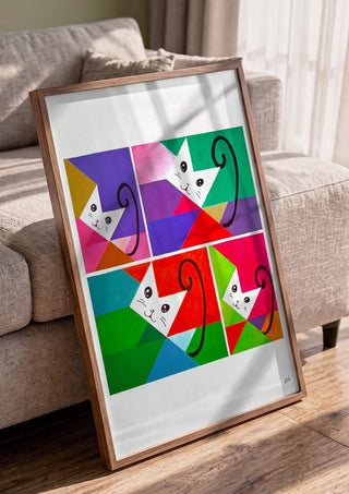 JUST FOUR CATS by NKo in a walnut frame leaning against a grey sofa