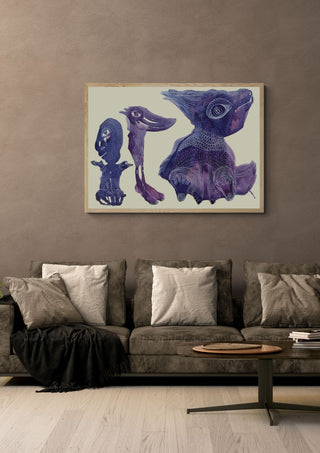 Odd Creatures by Lena Galé in a light oak frame above a grey sofa on a warm brown wall