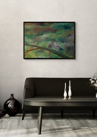 The Eurasian Jay by Juergen Duerrmann in a black frame above a dark sofa with candlesticks on a round table